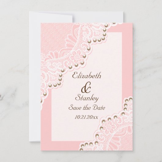 Save The Date Dentelle blanche avec perles mariage rose Enregist (Devant)