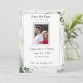 Save The Date Dentelle blanche et mariage des Feuilles Roses Enr (Debout devant)