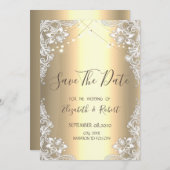 Save The Date Dentelle Blanche, Lumières À Cordes Or Enregistrer (Devant / Derrière)