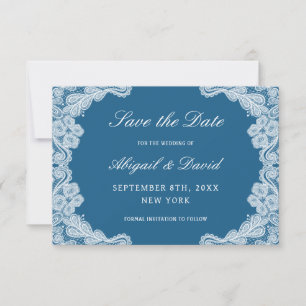 Save The Date Dentelle blanche sur mariage bleu Enregistrer la d