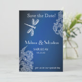 Save The Date Dentelle blanche sur Royal Blue Dragonlies (Debout devant)