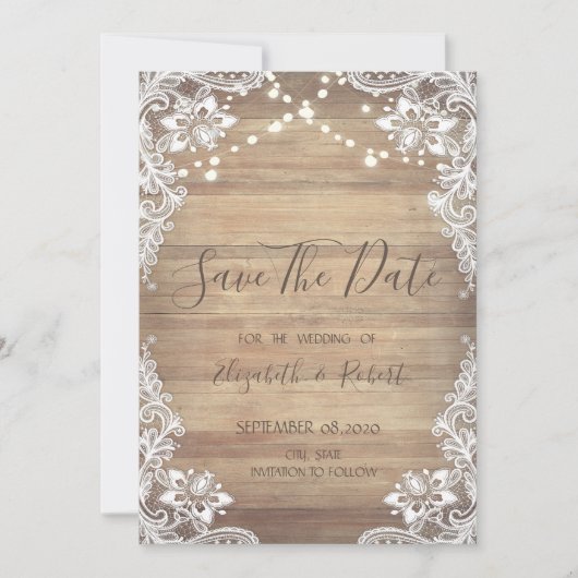 Save The Date Dentelle Blanche, Texture Bois, Lumières Enregistr (Devant)