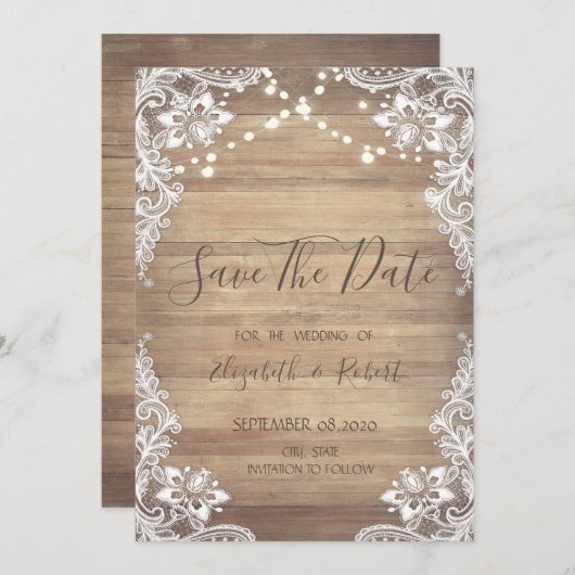 Save The Date Dentelle Blanche, Texture Bois, Lumières Enregistr (Devant / Derrière)