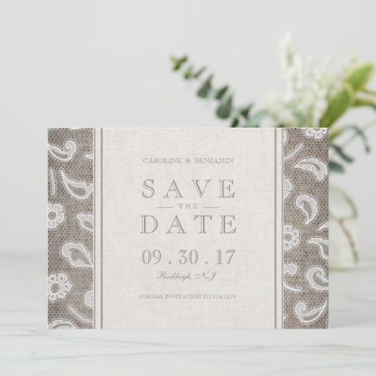 Save The Date Dentelle burlap mariage campagnard rustique enregi (Debout devant)