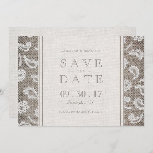 Save The Date Dentelle burlap mariage campagnard rustique enregi (Devant / Derrière)