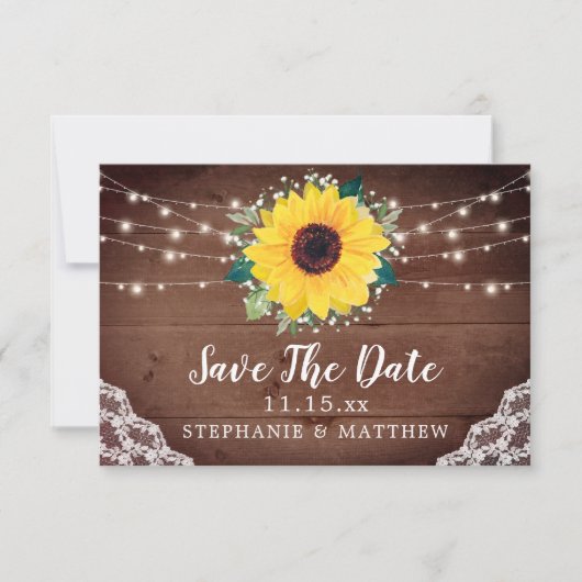 Save The Date Dentelle de tournesol rustique Babys Mariage (Devant)