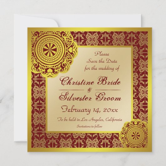 Save The Date Dentelle d'or Arabesque, 5.25x5.25 enregistrer la  (Devant)