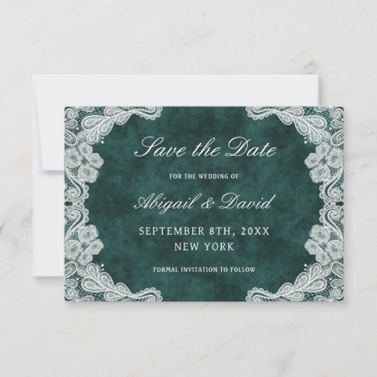 Save The Date Dentelle Emerald Green Velvet Mariage Enregistrer (Devant)