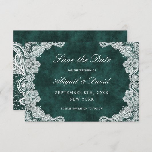 Save The Date Dentelle Emerald Green Velvet Mariage Enregistrer (Devant / Derrière)
