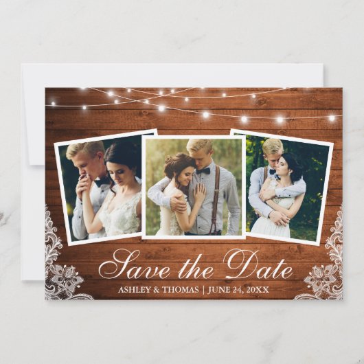 Save The Date Dentelle en bois rustique 3 Photo Enregistrer la c (Devant)