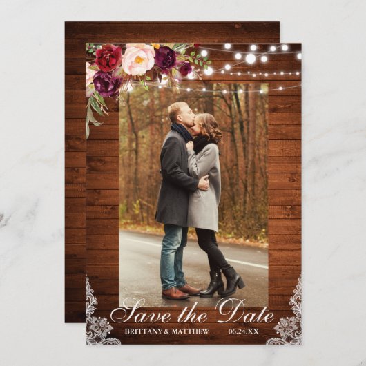 Save The Date Dentelle en bois rustique brillante florale Enregi (Devant / Derrière)