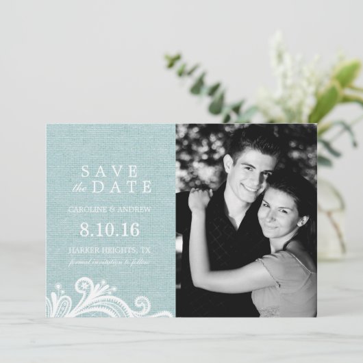 Save The Date Dentelle et Burlap Photo Enregistrer la date (Debout devant)