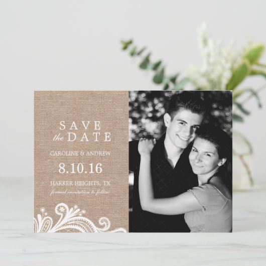 Save The Date Dentelle et Burlap Photo Enregistrer la date (Debout devant)