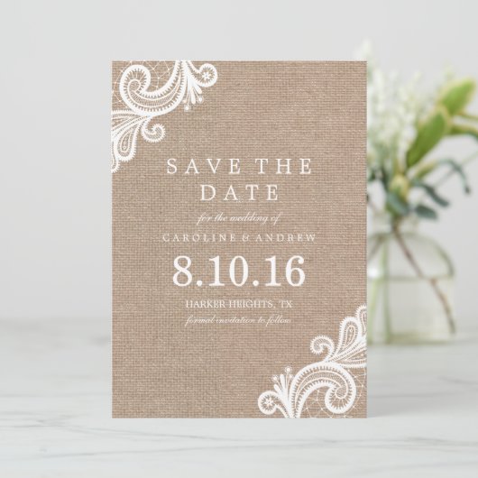 Save The Date Dentelle et mariage Burlap Enregistrer la date Fai (Debout devant)