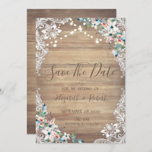 Save The Date Dentelle Fleurs Bois Texture, Lumières Enregistrer (Devant / Derrière)