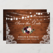 Save The Date Dentelle florale en bois rustique Bourgogne Enregi (Devant / Derrière)