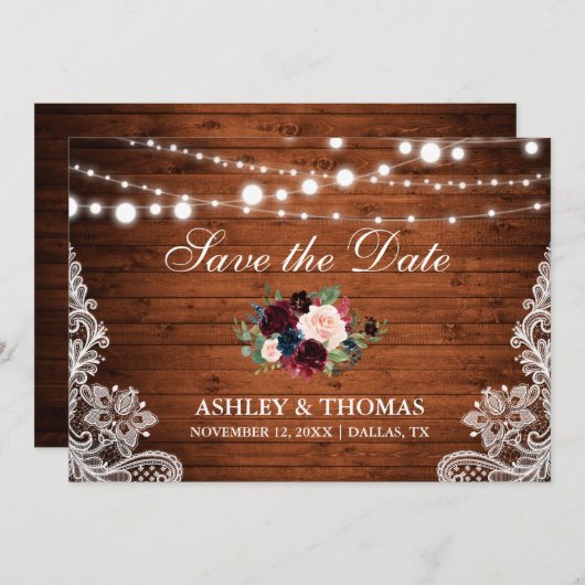 Save The Date Dentelle florale en bois rustique Bourgogne Enregi (Devant / Derrière)