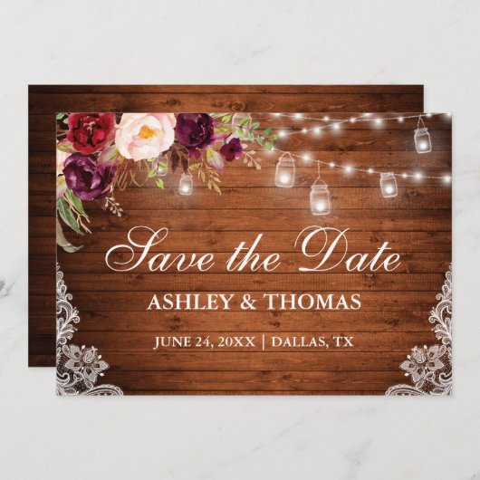 Save The Date Dentelle florale en bois rustique Enregistrer la d (Devant / Derrière)