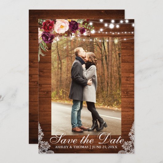 Save The Date Dentelle florale Mariage rustique Bourgogne Enregi (Devant / Derrière)