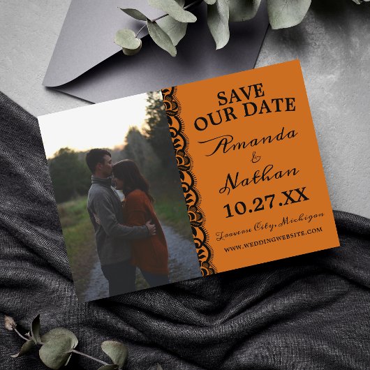 Save The Date Dentelle gothique Halloween Mariage noir orange