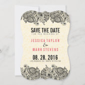 Save The Date Dentelle Noire & Damas Beige Enregistrer La Date (Devant)