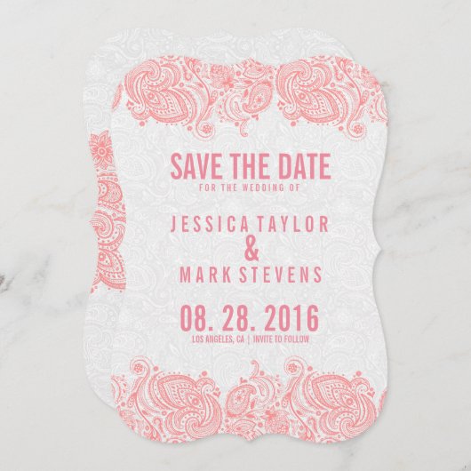 Save The Date Dentelle rose et Damas blanches Enregistrer la dat (Devant / Derrière)