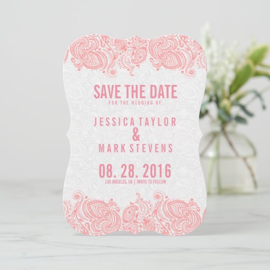 Save The Date Dentelle rose et Damas blanches Enregistrer la dat (Debout devant)