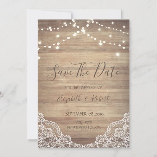 Save The Date Dentelle, Texture Du Bois, Lumières À Chaîne Enreg (Devant)