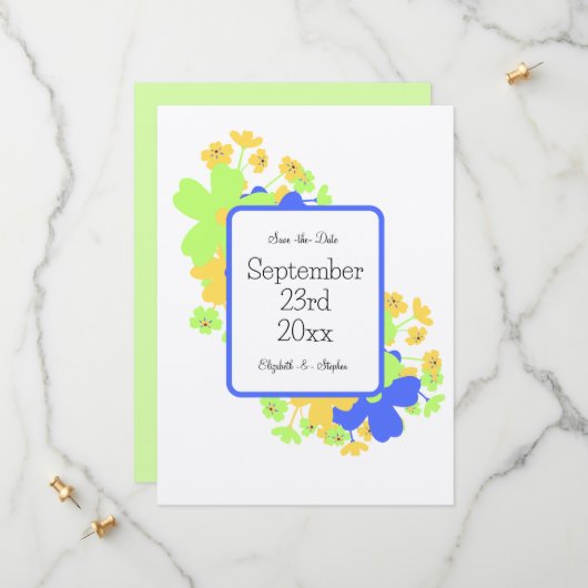 Save The Date Design floral élégant en bleu vert jaune (Devant/Arrière en situation)