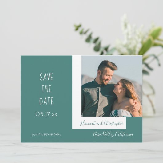 Save The Date Design Moderne Chic Turquoise Photo Simple Mariage (Debout devant)