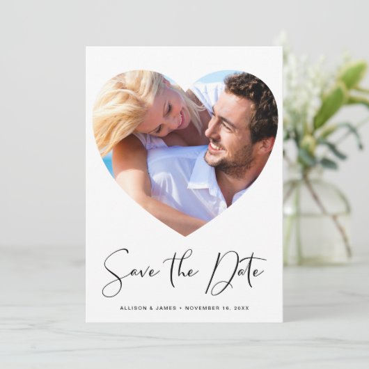 Save The Date Design moderne Script Coeur En Forme De Photo (Debout devant)