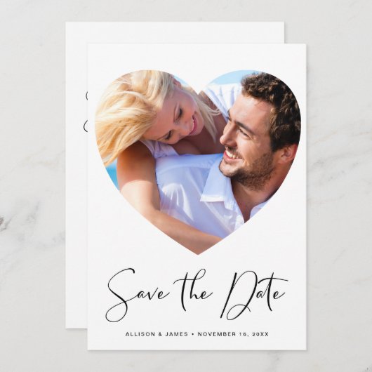 Save The Date Design moderne Script Coeur En Forme De Photo (Devant / Derrière)