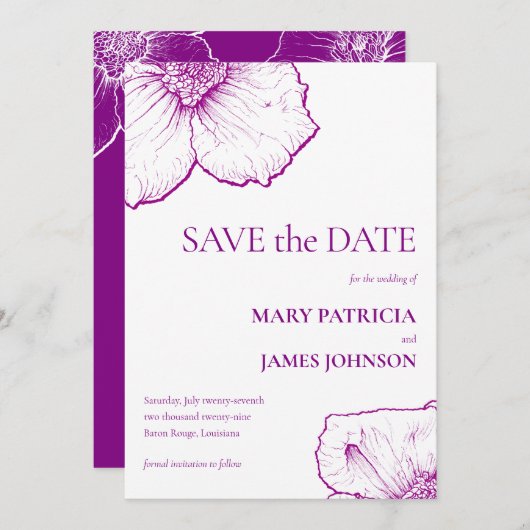 Save The Date Dessin élégant de clématite fleurie violette forme (Devant / Derrière)