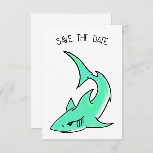 Save The Date dessin souriant requin menthe bleu vert océan anim (Devant / Derrière)