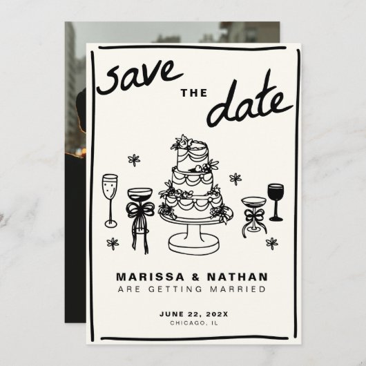 Save The Date Dessiné ensemble Mariage avec photo (Devant / Derrière)