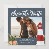 Save The Date Destination Côtière Mariage Photo Bleu (Devant)