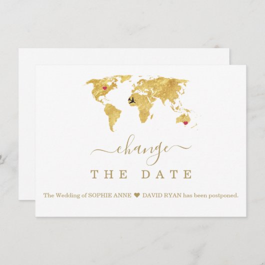 Save The Date Destination Gold World Map Mariage Modifier La Dat (Devant / Derrière)