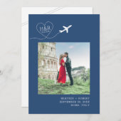 Save The Date Destination Mariage bleu avion Monogramme photo (Devant / Derrière)