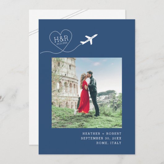 Save The Date Destination Mariage bleu avion Monogramme photo (Devant / Derrière)