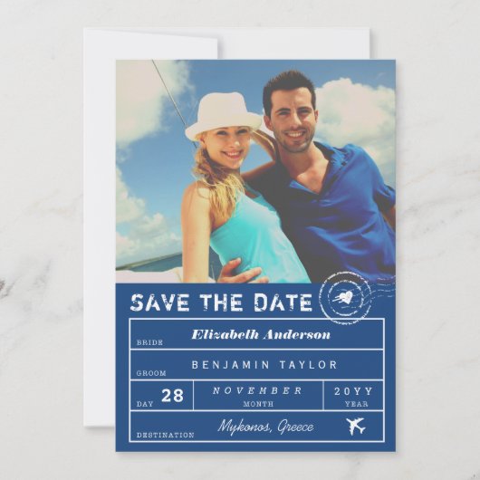Save The Date Destination Mariage Marine Bleu Bagage Balise Phot (Devant)