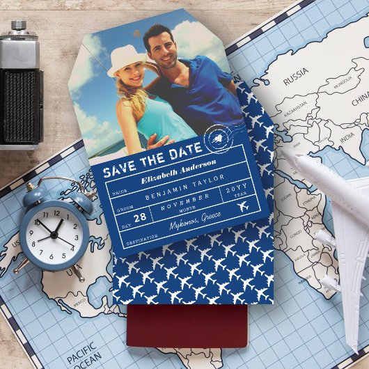 Save The Date Destination Mariage Marine Bleu Bagage Balise Phot