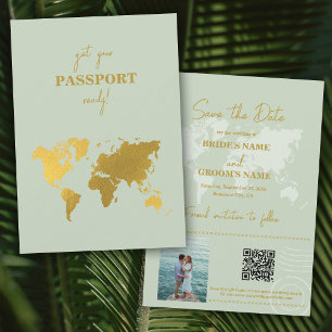 Save The Date Destination Mariage Monde Passport Sage Vert Or