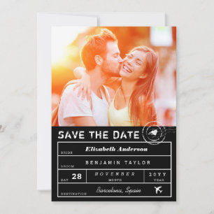 Save The Date Destination Mariage Noir Blanc Bagage Balise Photo