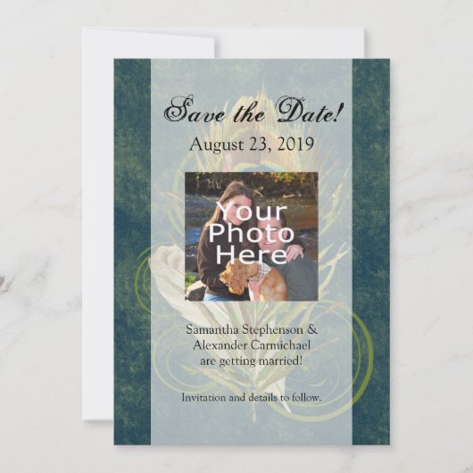 Save The Date Détail de l'objet Peacock Mariage 5x7 Enregistrer  (Devant)