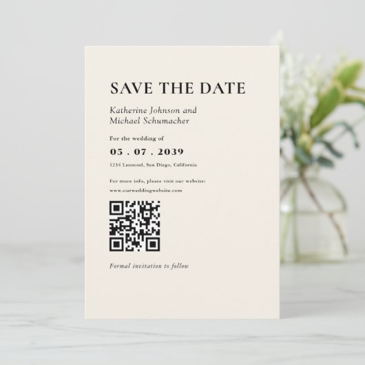 Save The Date Détails élégants et simples et Mariage de code QR (Debout devant)