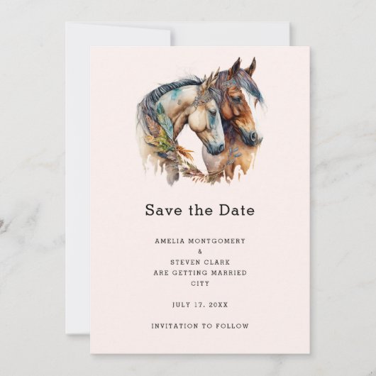 Save The Date Deux chevaux avec décorations en plumes Mariage Bo (Devant)