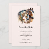 Save The Date Deux chevaux avec décorations en plumes Mariage Bo (Devant / Derrière)