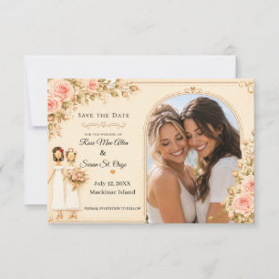 Save The Date Deux mariées blush rose floral mariage lesbien pho