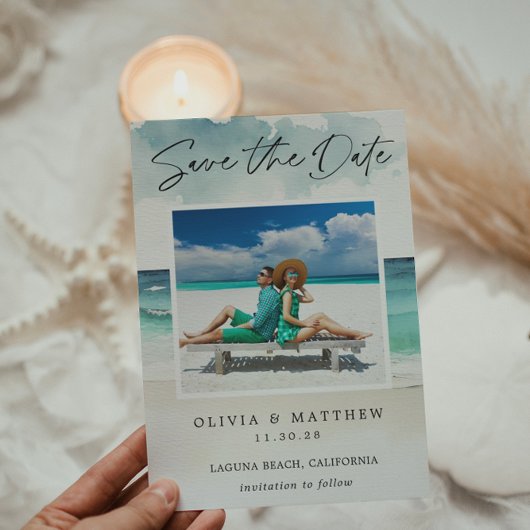 Save The Date Deux photos d'océan de plage à l'aquarelle moderne