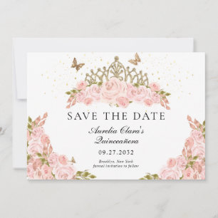 Save The Date Diadème élégant rose poudré floral or Quinceanera